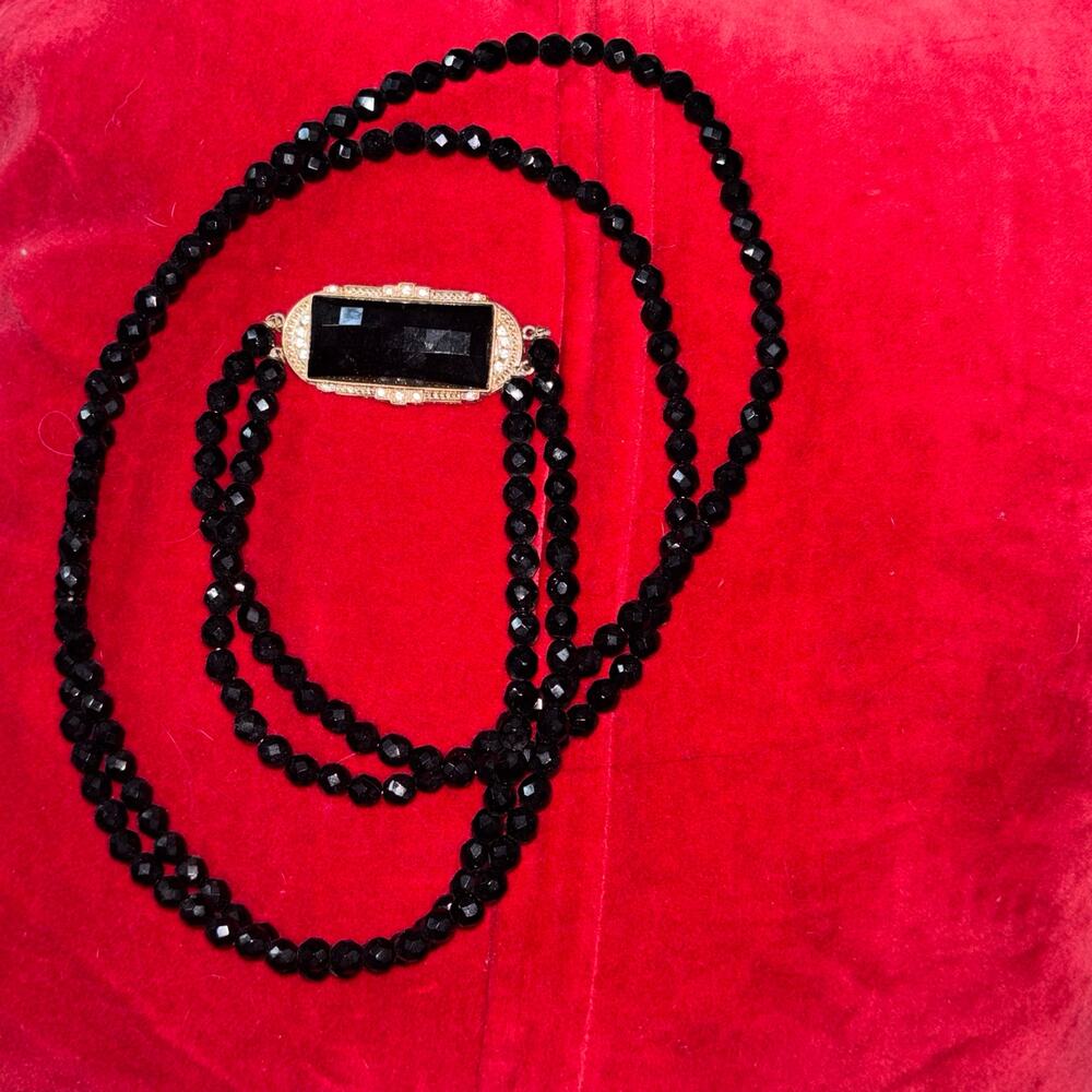 Vintage Art Deco Style 2 Strand Neck Black Glass Beads Black Stone Gold Tone 16”